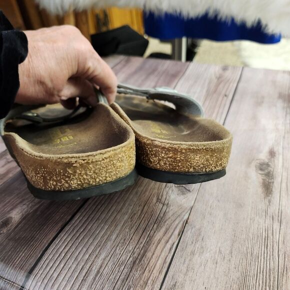 Birkenstock Silver Slide Sandals with‎ Cork Footbed Sz L9 M7 - Picture 11 of 13